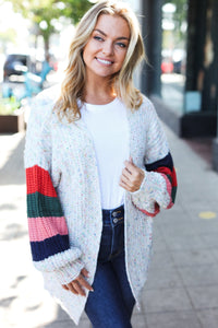 Weekend Ready Ivory Multicolor Mixed Thread Bubble Sleeve Cardigan