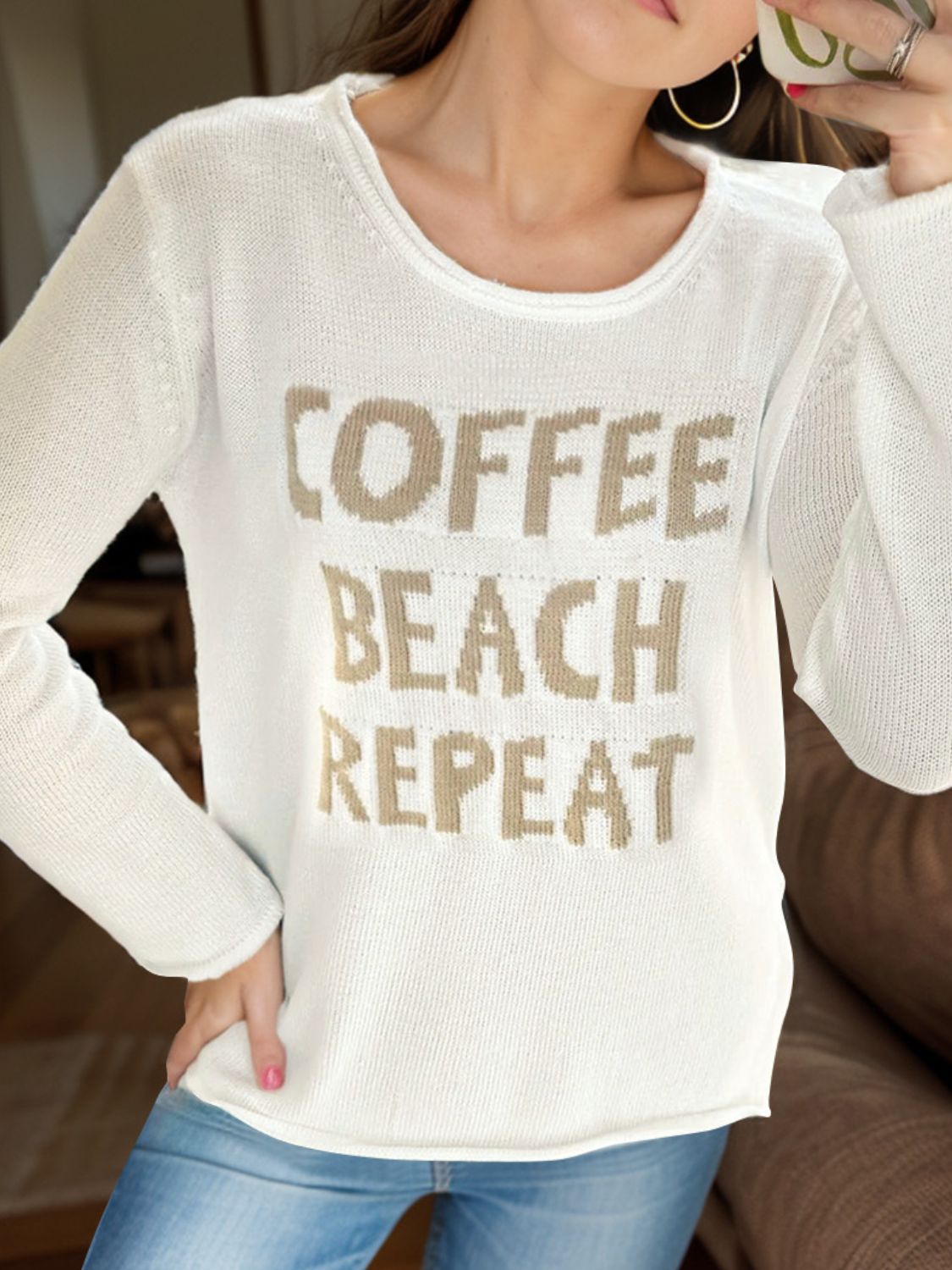 White COFFEE BEACH REPEAT Graphic Sweater