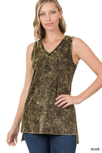 MINERAL WASH SLEEVELESS V-NECK TOP WITH SIDE SLIT