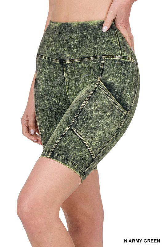 Mineral Wash Wide Waistband Pocket Biker Shorts