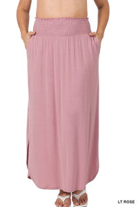 PLUS SMOCKED WAIST SIDE SLIT MAXI SKIRT