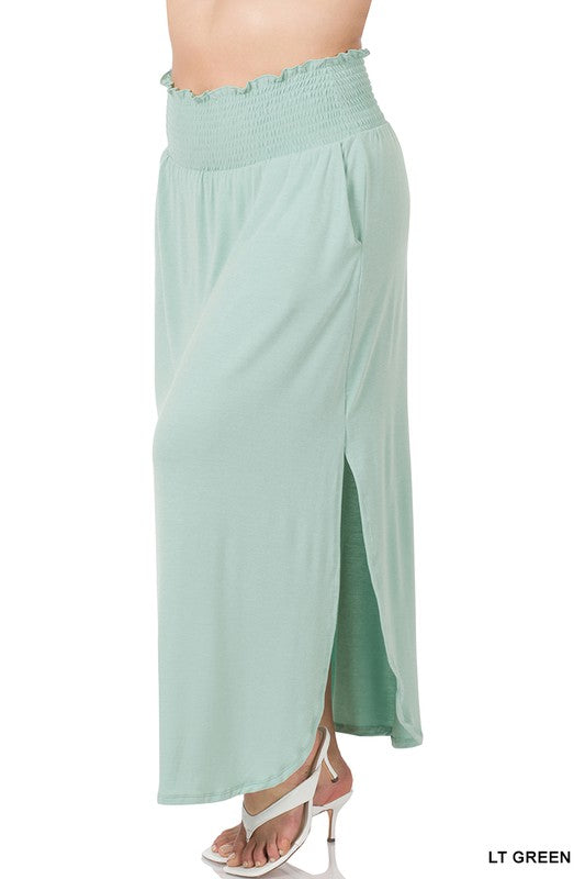 PLUS SMOCKED WAIST SIDE SLIT MAXI SKIRT