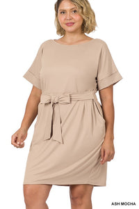 PLUS BRUSHED DTY TIE-BELT DRESS