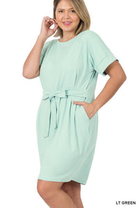 PLUS BRUSHED DTY TIE-BELT DRESS