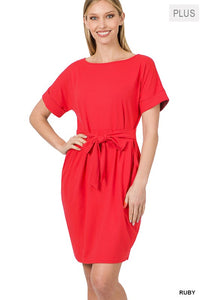 PLUS BRUSHED DTY TIE-BELT DRESS