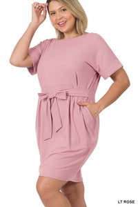 PLUS BRUSHED DTY TIE-BELT DRESS