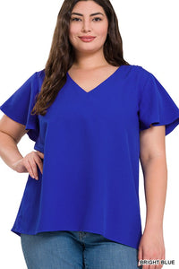 WOVEN FLUTTER SLEEVE V-NECK TOP