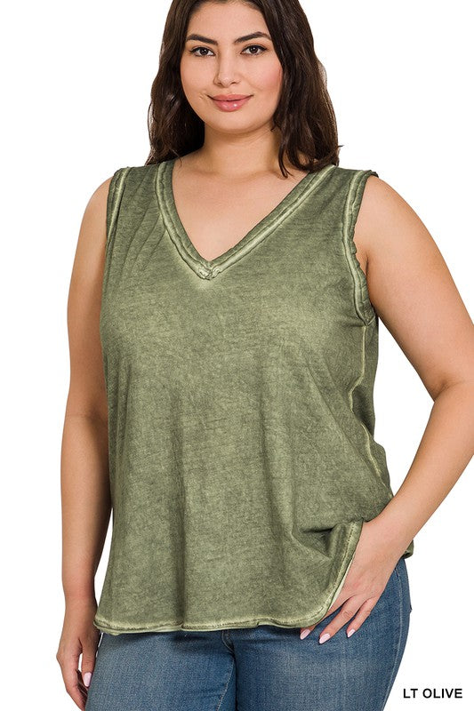 PLUS WASHED RAW EDGE V-NECK TANK TOP