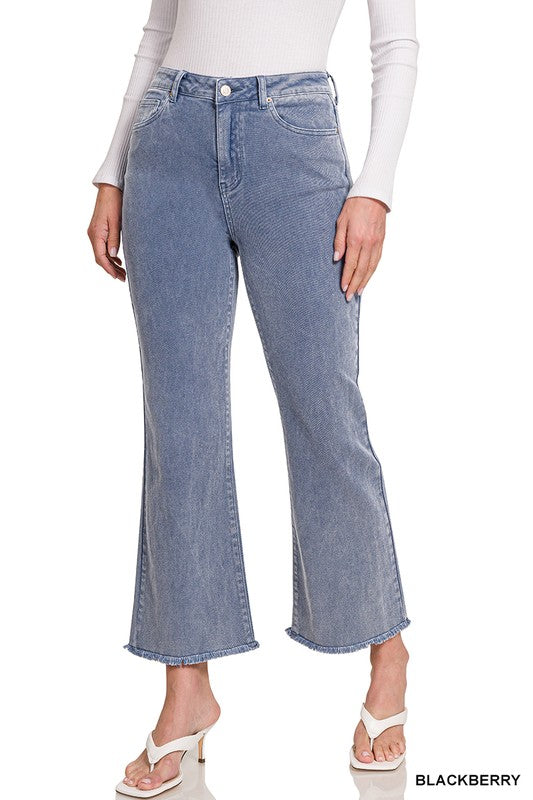 Acid Washed High Waist Frayed Hem Bootcut Pants