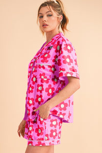 Flower Short Sleeve Shirt Pajamas Set