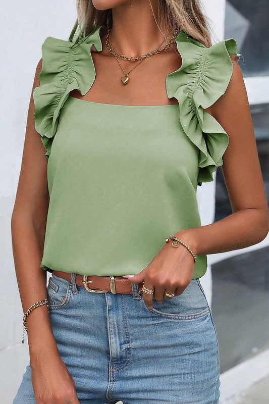 Solid Ruffle Trim Sleeveless Blouse