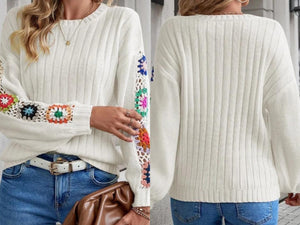 White Floral Crochet Sleeve Ribbed Knit Sweater Presale