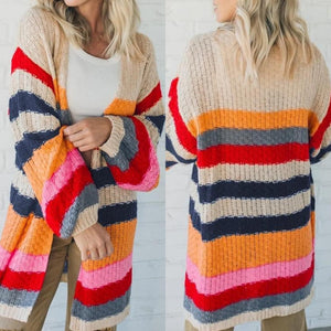 Stripes Knitted Balloon Sleeve Open Cardigan Presale