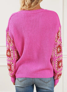 Rose Floral Crochet Cable Knit V Neck Sweater Presale