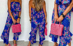 Blue Tropical Print Strapless Ruffled Jumpsuit Presale