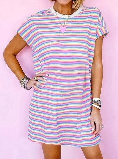 Pink Stripe Crew Neck T Shirt Dress Presale