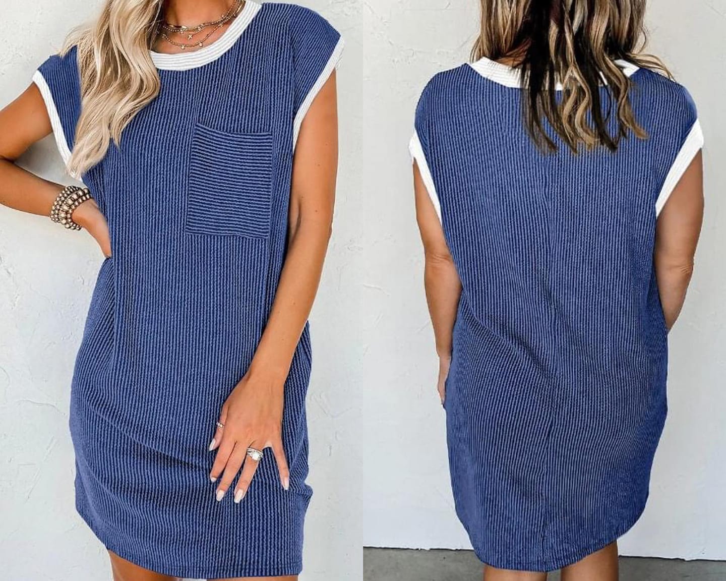 Blue Rib Textured Cap Sleeve T-Shirt Dress Presale