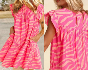 Pink Zebra Stripe Printed Ruffle Trim Pocketed Dress Presale