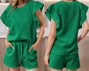 Green Textured Ruffled Sleeve Tee and Drawstring Shorts Set Presale