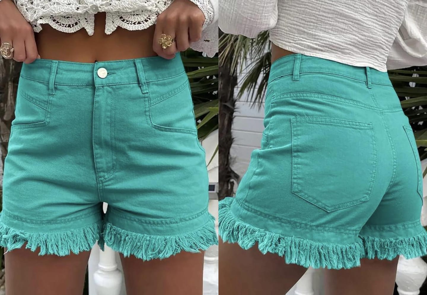 Turquoise Frayed Edge Mid Rise Denim Shorts Presale