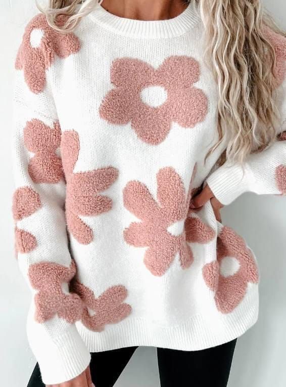 Textured Flower Drop Shoulder Loose Sweater Presale