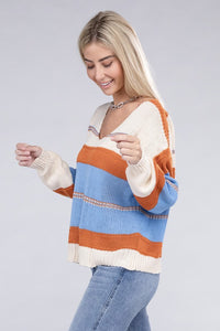 Striped pattern Knit  V Neck Sweater