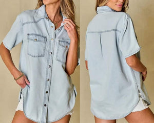 Vintage Light Wash Flap Pockets Rounded Hem Shirt Presale