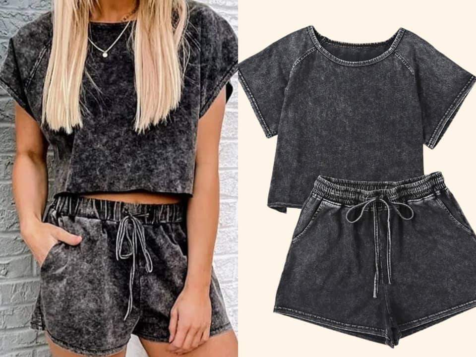 Black Acid Washed Short Lounge Set Presale