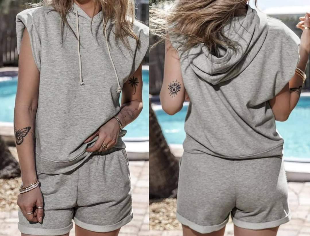 Gray Drawstring Sleeveless Hoodie and Shorts Set Presale