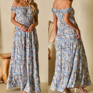 Blue Boho Paisley Print Off Shoulder Maxi Dress Presale