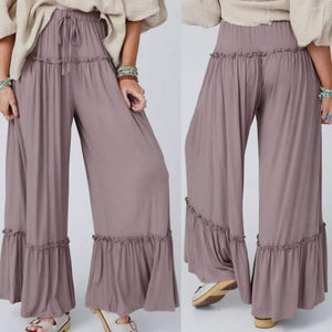 Khaki Frilled Drawstring High Waist Wide Leg Pants Presale