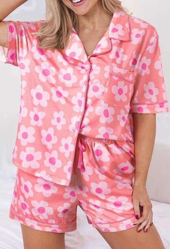 Pink Flower Print Short Sleeve Shirt Pajamas Set Presale