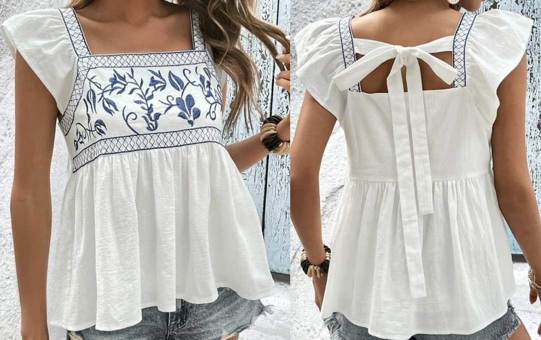 White Embroidered Square Neck Peplum Blouse Presale