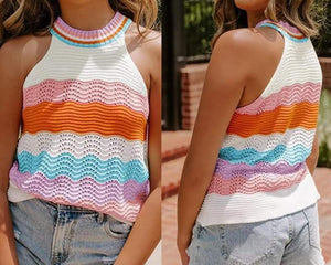 Wavy Striped Print Textured Knit Sleeveless Sweater Top Presale