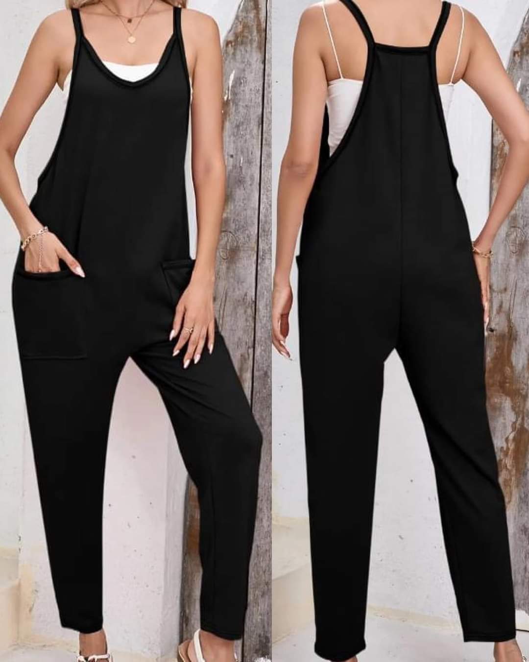 Black Side Pockets Harem Pants Sleeveless V Neck Jumpsuit Presale