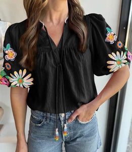 Black Floral Embroidered Puff Sleeve Split Neck Blouse Presale