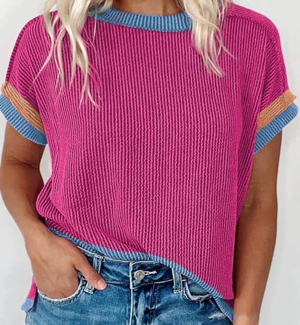 Bright Pink Textured Contrast Trim Round Neck T Shirt Presale