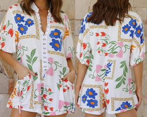 White Floral Print Split Neck Pocketed Romper Presale