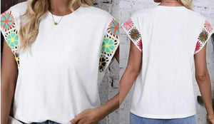 White Floral Crochet Sleeve Crew Neck Top Presale