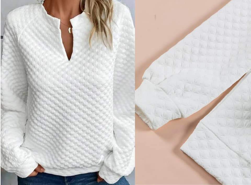 White Split Neck Quilted Long Sleeve Top Presale