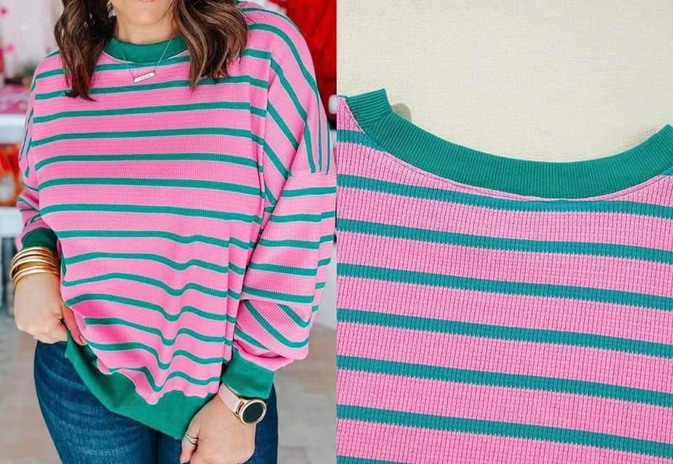 Pink Stripe Waffle Knit Crew Neck Plus Size Sweatshirt Presale