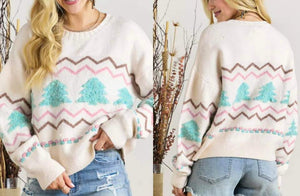 White Striped Christmas Tree Ribbed Trim Drop Shoulder Sweater Presale