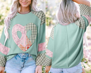 Plaid Floral Peace Heart Graphic Wide Long Sleeve Top Presale