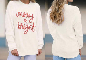 White Striped Merry Bright Letter Christmas Sweater Presale