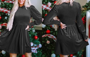 Black Frilled Neck Smocked Bodice Velvet Dress Presale