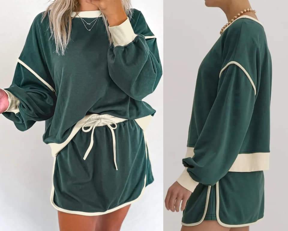 Contrast Loose Pullover and Lace-up Waist Skirt Set Presale