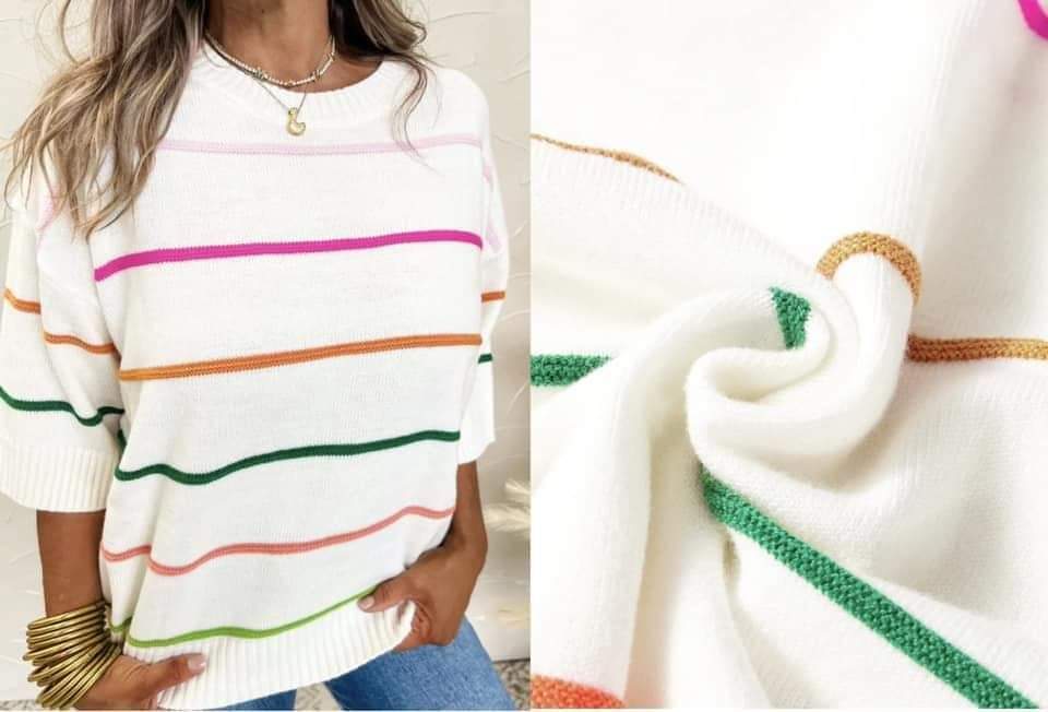 White Colorblock Striped Half Sleeve Drop Shoulder Presale