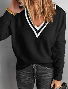 Black Stripe V Neck Contrast Sweater