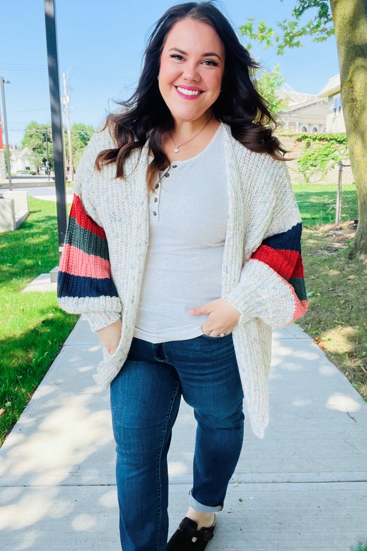 Weekend Ready Ivory Multicolor Mixed Thread Bubble Sleeve Cardigan