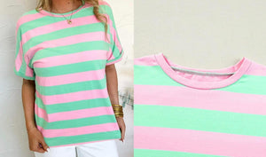 Pink Stripe Colorblock Cuffed Sleeve Loose Tee Presale